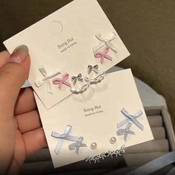 DAIIIBABYYY  -   Korean Fashion Ballet Style Ribbon Bow-knot Shape Pearl Stud Earrings Set for Women Kpop Pink Blue Charm Earring Jewelry